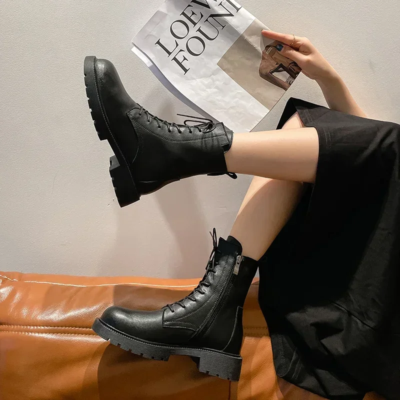 YATAGODY Size 33-41 Women Ankle Boots Real Leather Winter 2023 Thick Heels Shoes Woman Ins Fashion Platform Boot Short Booties