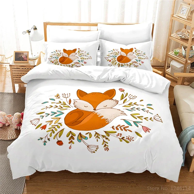 3D Animal Fox Print Duvet Cover Set Baby Children Kids Cute Cartoon Bedding Set Twin Full Queen King Size for Home Bedroom Gift