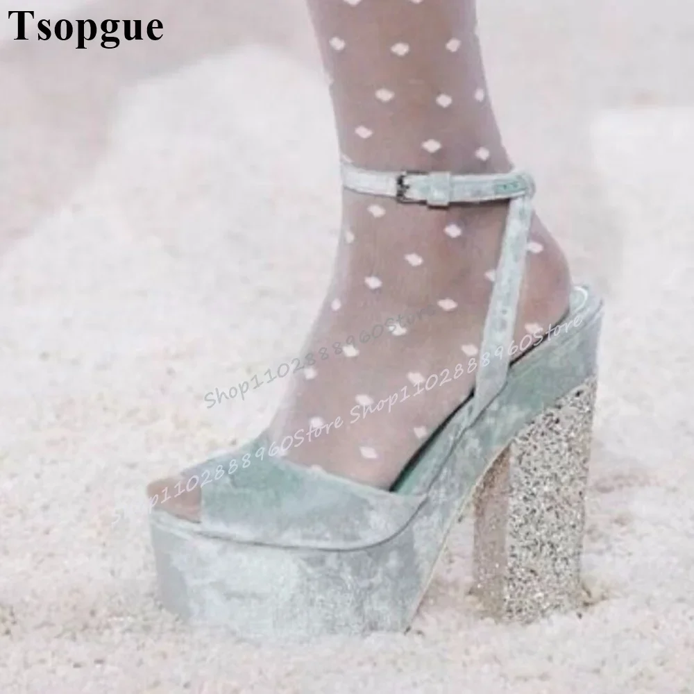

Light Blue Suede Platform Glitter Heel Sandals Chunky High Heel Women Shoes Ankle Buckle Strap Peep Toe 2025 Zapatos Para Mujere