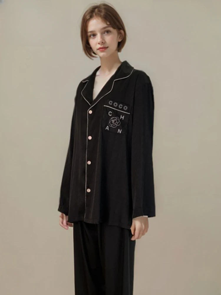 

2024 Loose Soft Cool Ice Silk Pajamas Suit High Quality Spring Aummer Black White Camellia Top+Pants Thin Women's Home Clothes