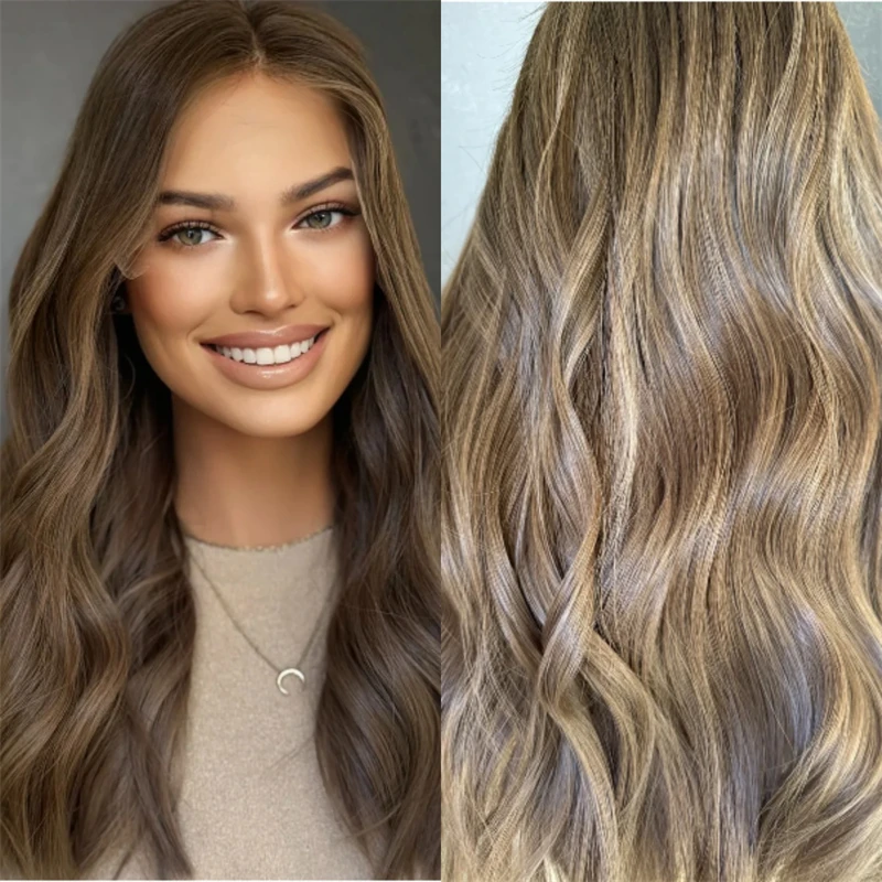 

Ombre Chestnut Brown Balayage Wig Synthetic Lace Front Wig Preplucked Hairline with Baby Hair Comfortable Long Wave Wig 22 Inch