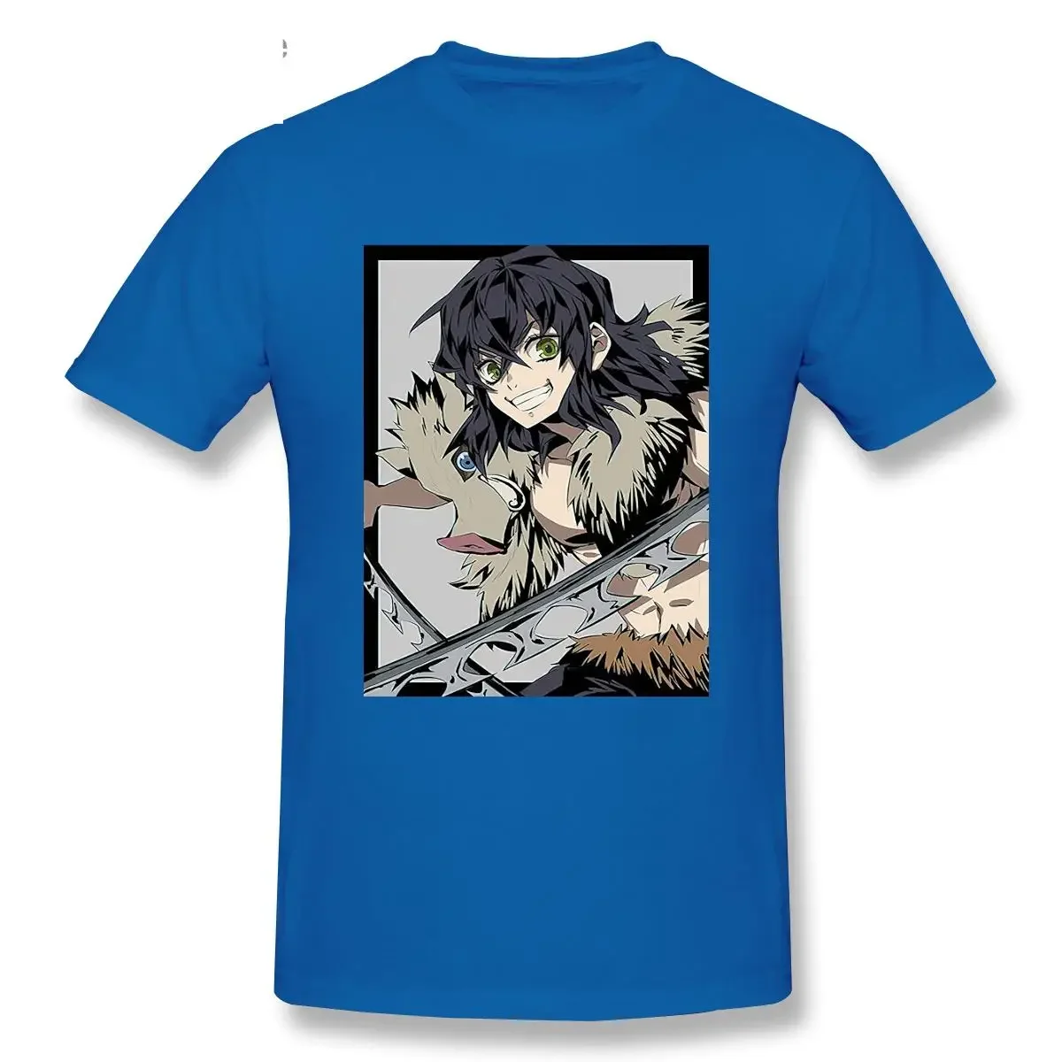 Fashion Japanese Anime Demon Slayer T Shirt Men Cool Hashibira Inosuke Print T-shirts Mens 100% Cotton Tops Round Collar