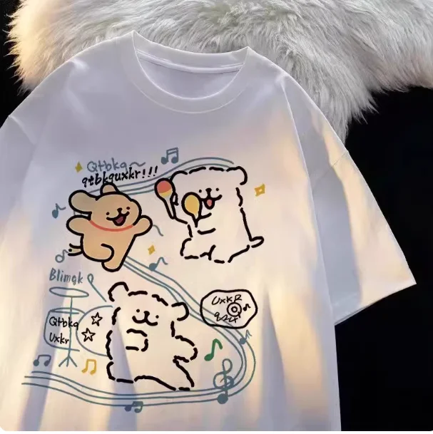 MINISO لطيف الكرتون المالطية خط الكلب تي شيرت مطبوع قصيرة الأكمام النساء الرجال زوجين عادية فضفاض تنوعا الساخن بيع تيز #2