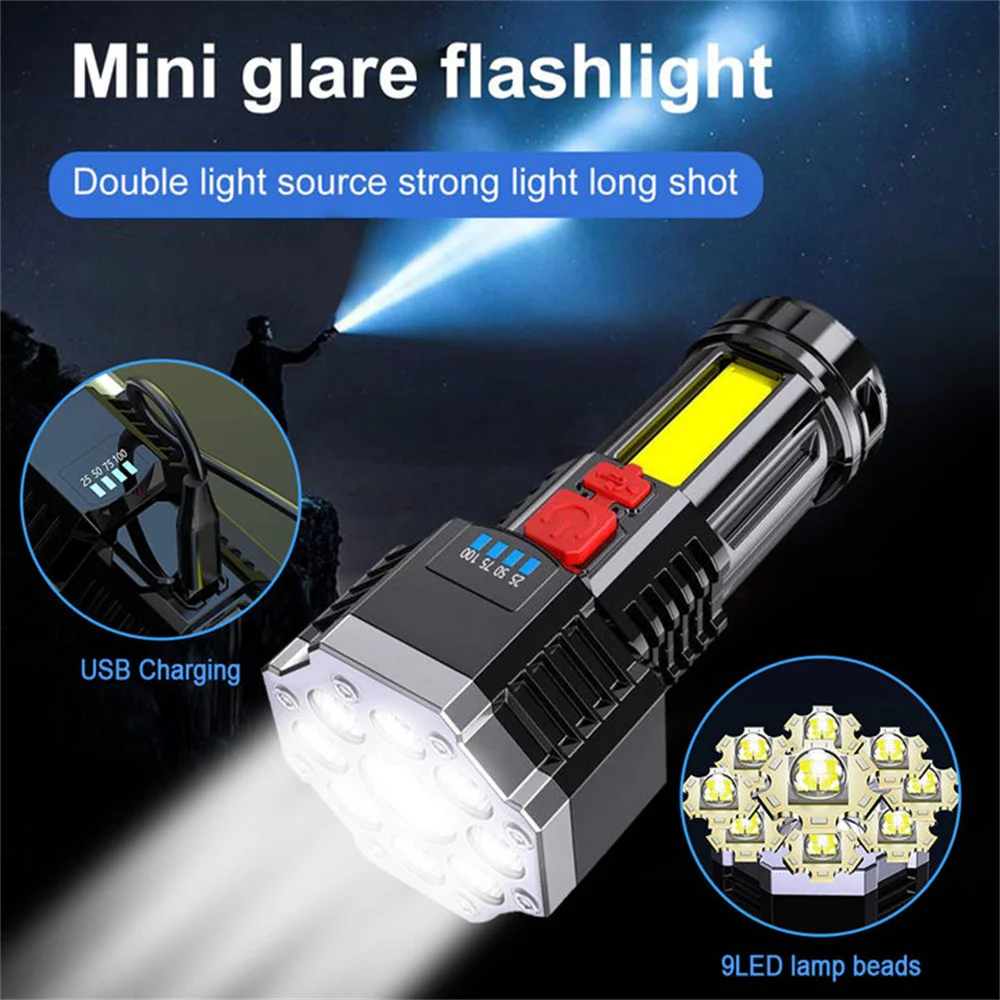 9 LED Super Bright Flashlight Rechargeable Outdoor Multi-function Waterproof Led Long-range Spotlight COB Light For Camping