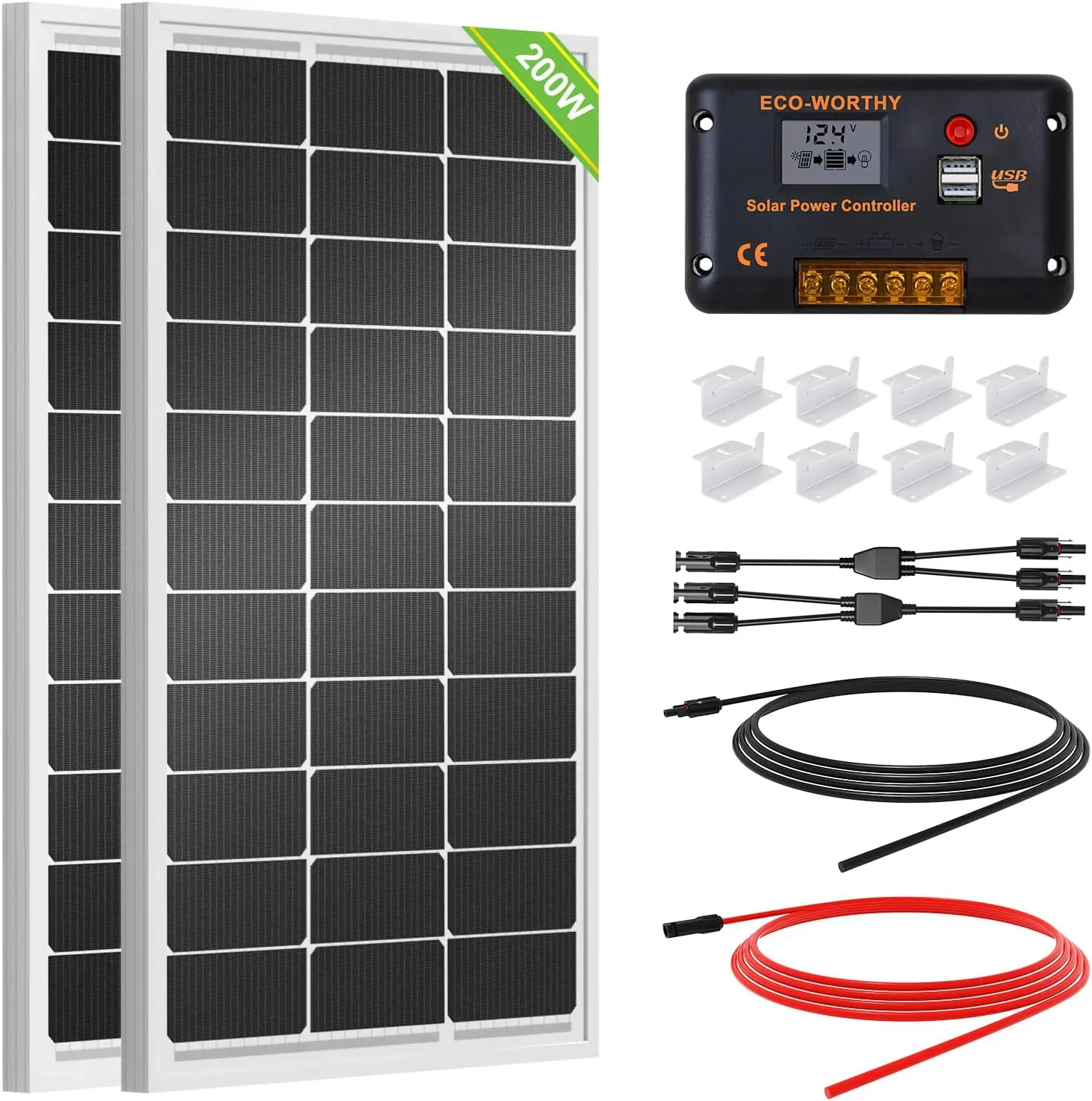 

200W 12/24V Monocrystalline Solar Kit with 30A PWM Charge Controller for RV, Camper, Off-Grid Use