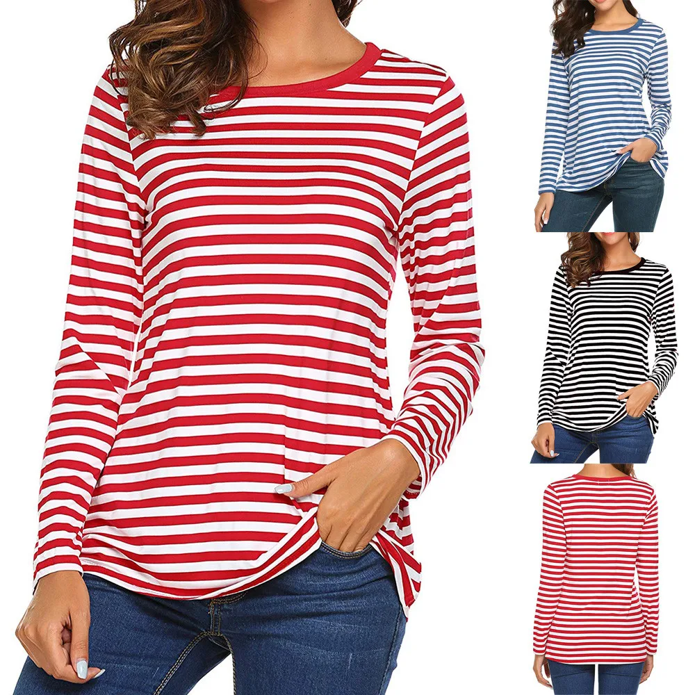 

Top Long Women Round T-Shirt Striped Tunic Sleeve Neck Blouse Woman's Summer Tops Stripped Shirts for Women Womens Casual Tees