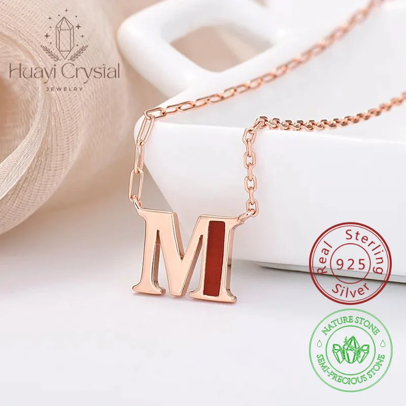 

925 silver letter M pendant necklace white shell red agate light luxury clavicle chain niche high-grade popular