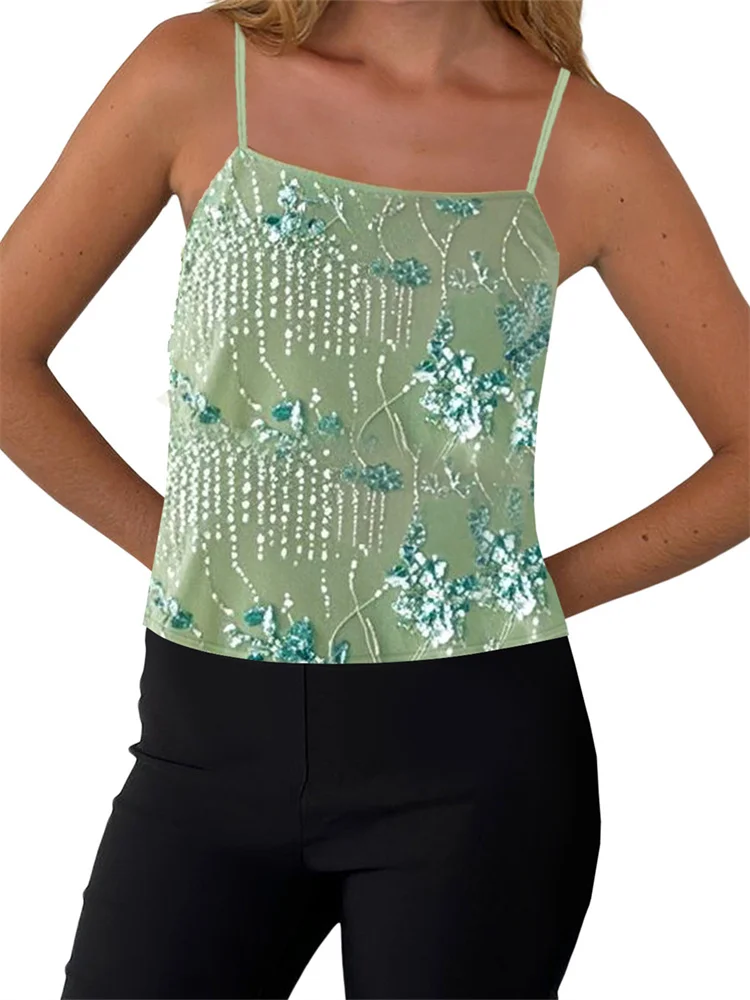 

CHRONSTYLE Women Summer Camisoles Casual Sequined Embroidery Tie up Backless Spaghetti Strap Tank Tops Sleeveless Mini Vest 2025