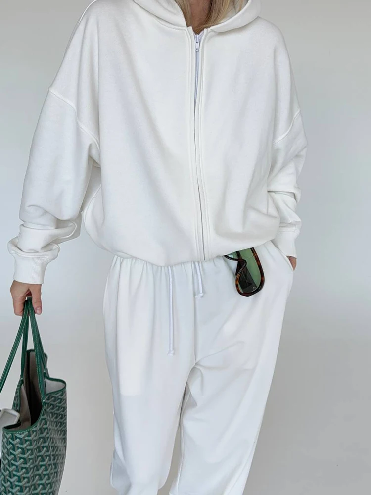 

Linad White Sporty Zipper Long Sleeve Hooded Coat Two-Piece Set Pockets Knitted Lace-Up Pants Sets Fashion Autumn Cardigan Suits