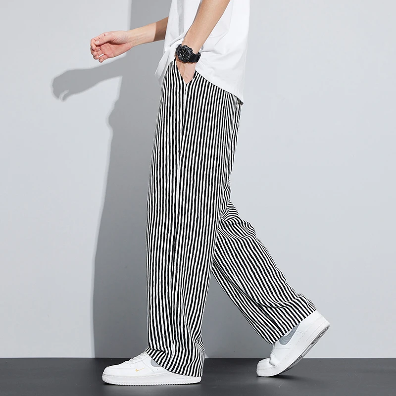 Spring Summer Stripe Casual Pants Men Wear Loose Straight Wide Leg Drawstring Elastic Waist Pant Jogger Trousers Male Streetwear