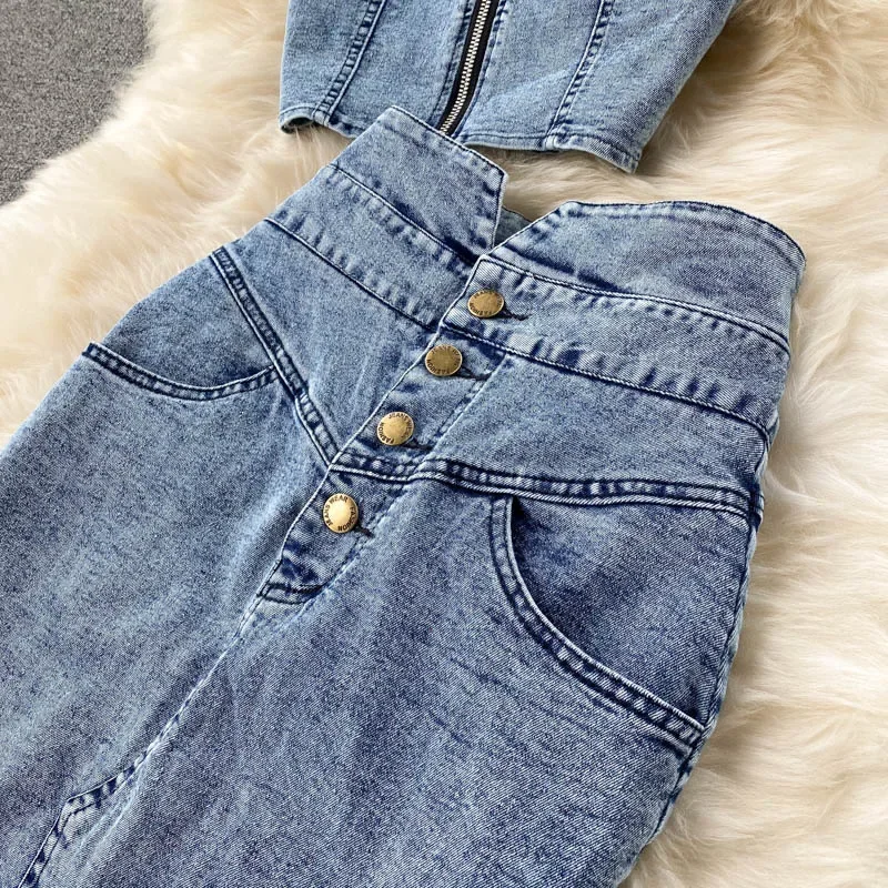 Denim Skirt Set Women Sexy Camisole Tops + High Waist Denim Pencil Skirt 2Pcs Suit Fashion Female Summer Slim Bodycon Suits Z758