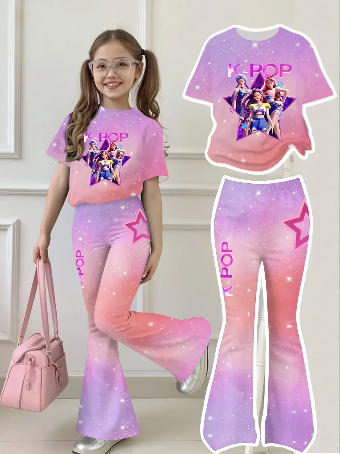 Completo da 2 pezzi per ragazze adolescenti, stile idol, viola e rosa, con grafica Galaxy Kpop, maglietta e pantaloni a zampa con elastico in vita, id