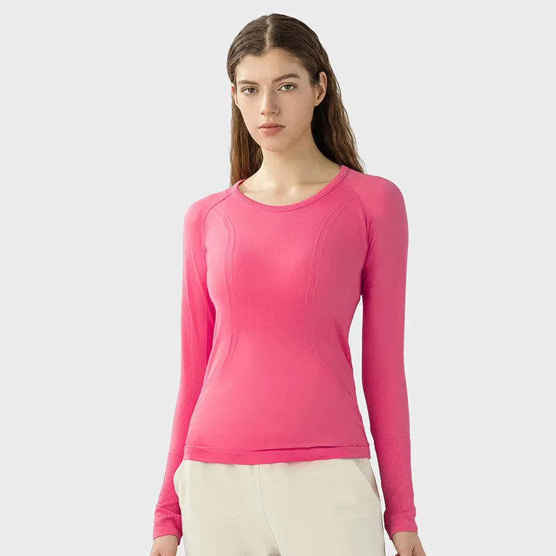 T-shirt à manches longues et col rond pour femme, haut de Yoga, de Sport, de Fitness, de gymnastique, respirant, avec prise de pouce, couleur unie