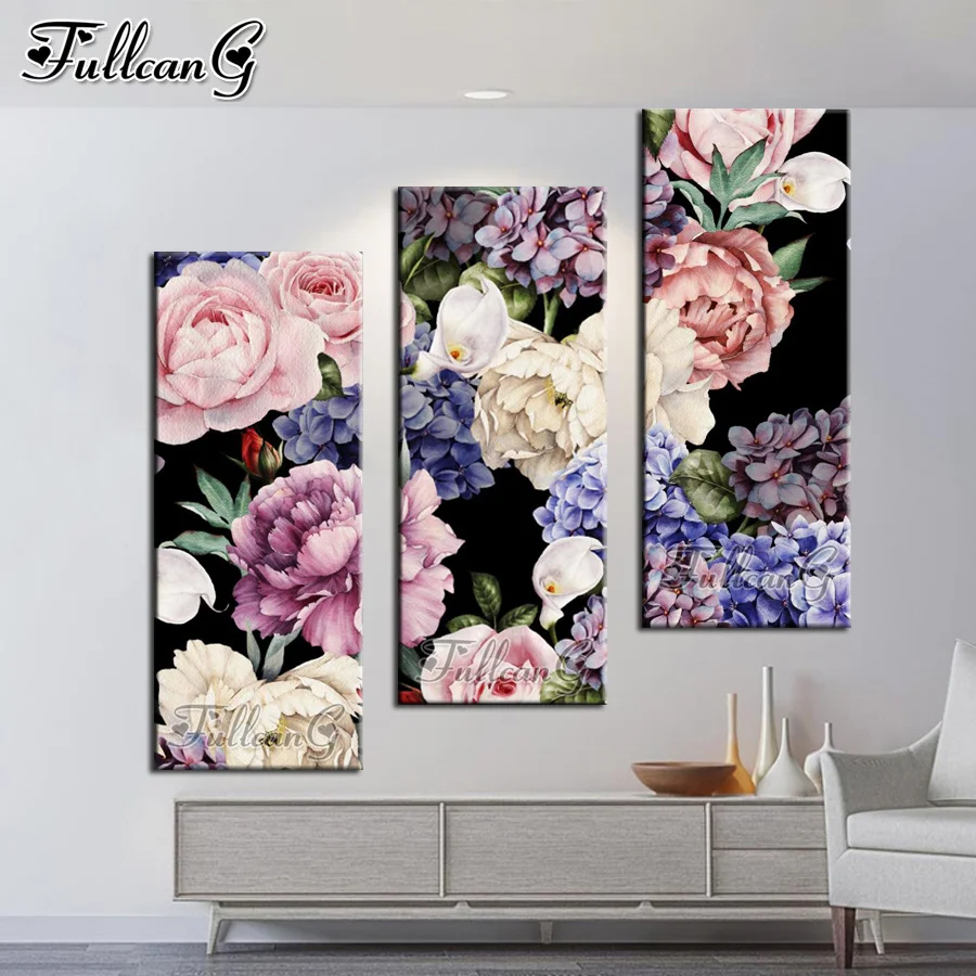 

FULLCANG colorful peony flowers extra large triptych diamond painting cross stitch diy 5d mosaic embroidery home decor FG1032