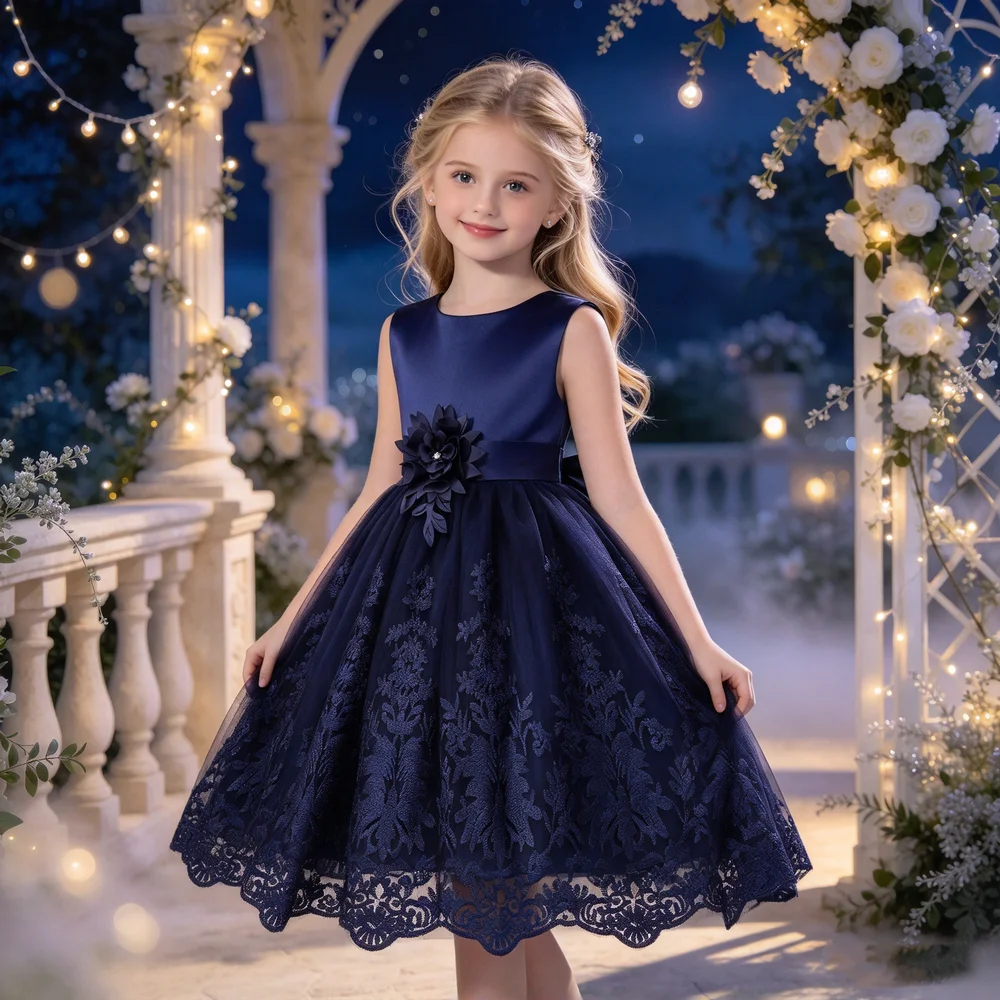 Europe and the United States Cross-Border New Sleeveless Undershirt Embroidered Princess Dress Girls Flowers Mesh Dress Flower