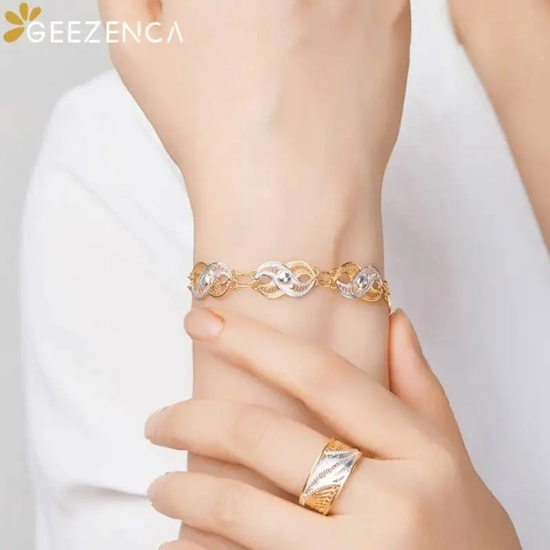 

GEEZENCA 925 Sterling Silver Two Tone Twisted Link Bracelet For Women Italian Italian StyleEngarved Shiny Hollow Chain Bracelets