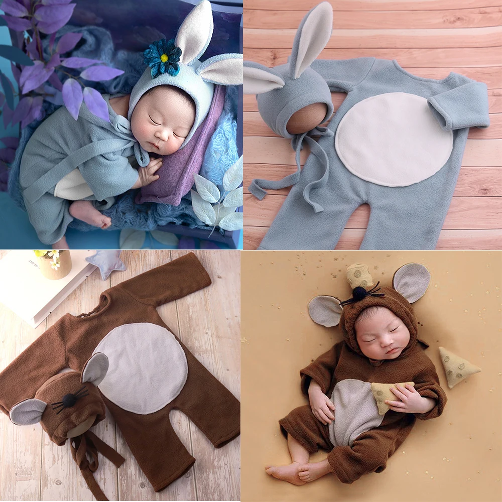 

2Pcs Newborn Photography Prop Cute Bunny and Mouse Hat+Jumpsuits Photo Prop Accessories Studio Infant Shoot Clothes Outfits