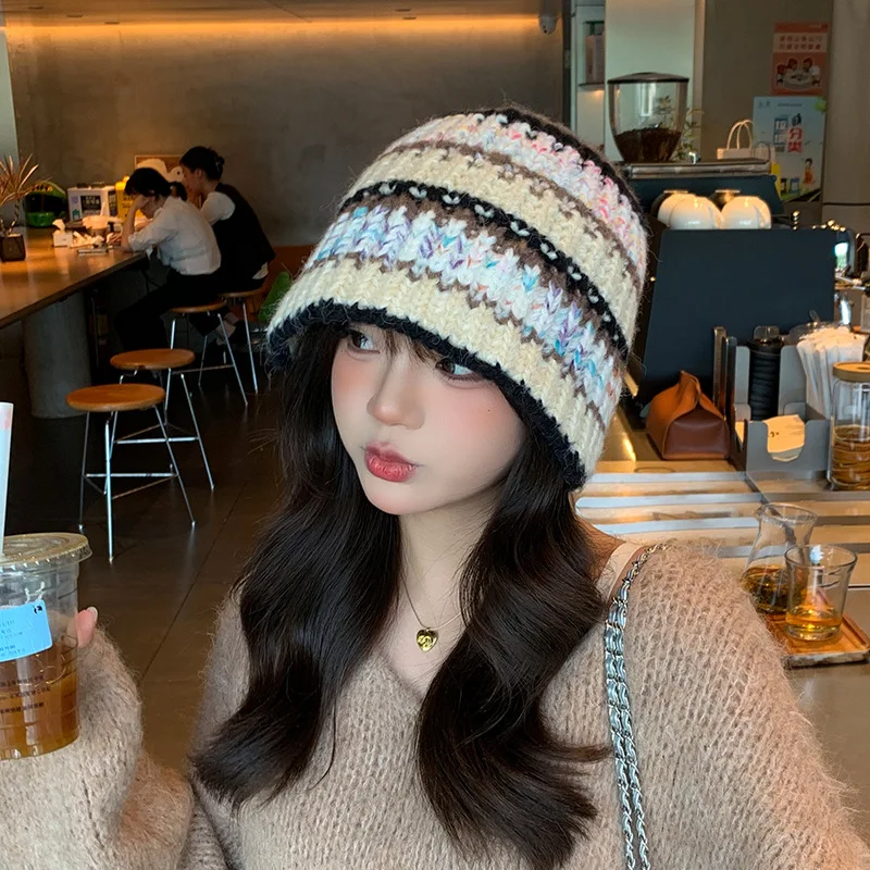 

Knitted Winter Cap Women Korean Striped Thick Needle Color Blocking Woolen Cap Ear Protection Warm Cap Dopamine Sweet Warm