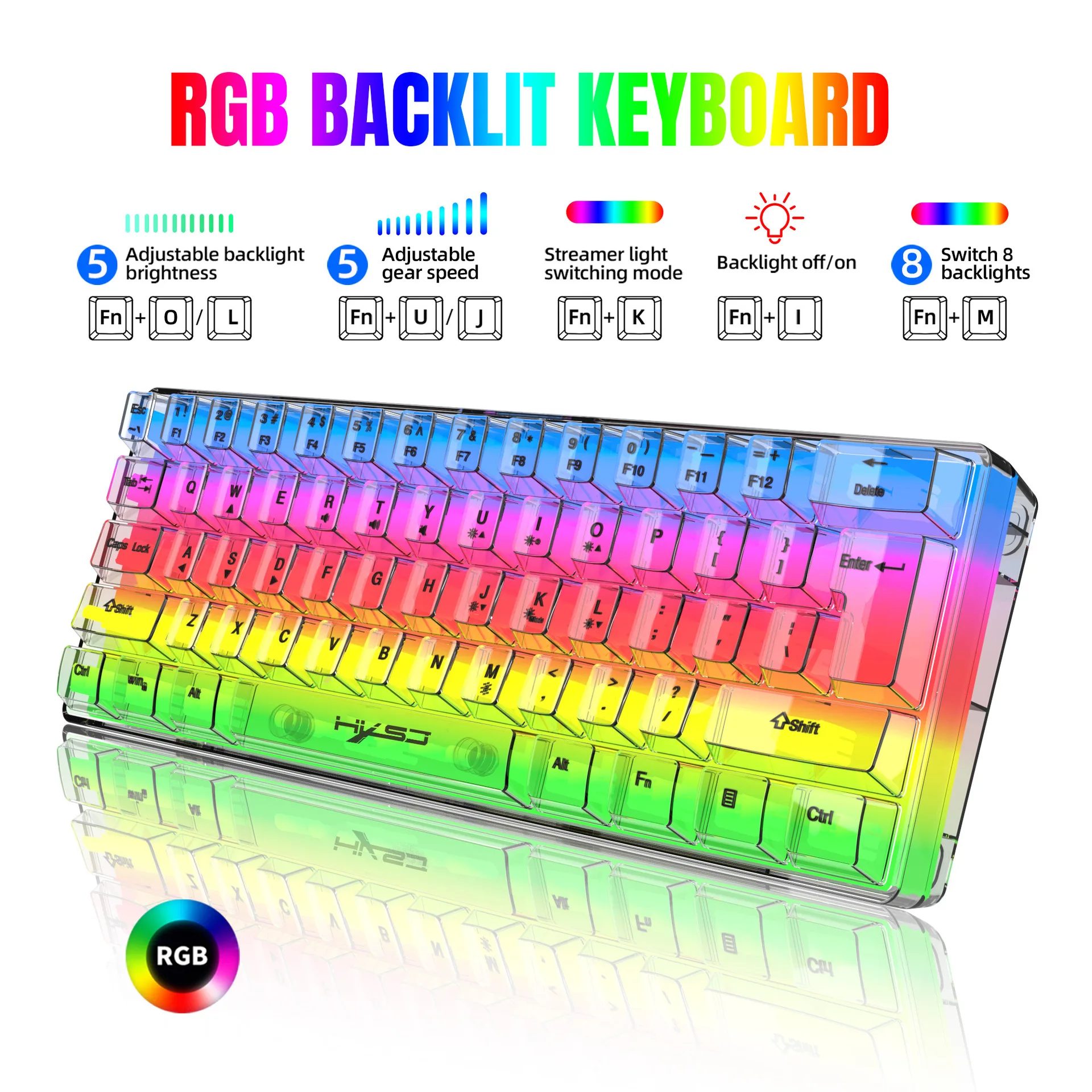 61 key wired film keyboard, fully transparent gaming keyboard, RGB backlit mechanical tactile gaming keyboard