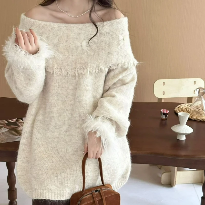 

Women French Elegant Butterfly One-shoulder Knitted Sweater2026 Autumn/Winter New Fashion Laid-back Loose Sweater Pullover for