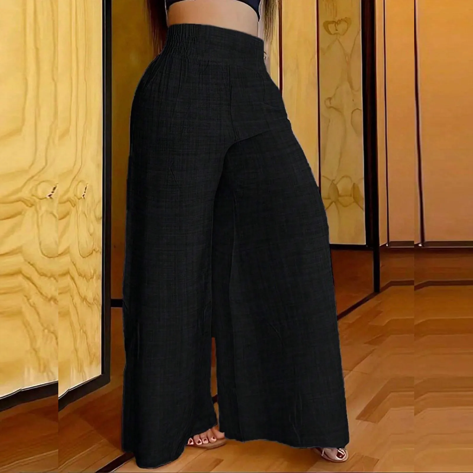 Women High Waist Plain Wide Leg Pants Summer Fashion Pocket Design Casual Long Pants Lady Trousers Daily Vacation Streetwear