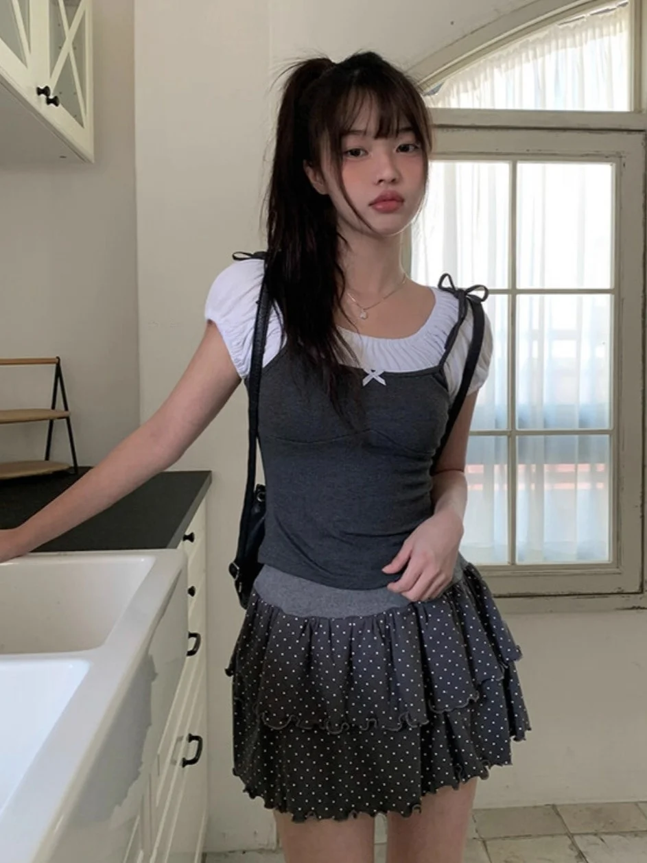 Estate Unico SEI Coreano Sle Tie oulder One-oulder ort-Sve T-shirt Top Slim Gonna a pois Donna Abbigliamento casual