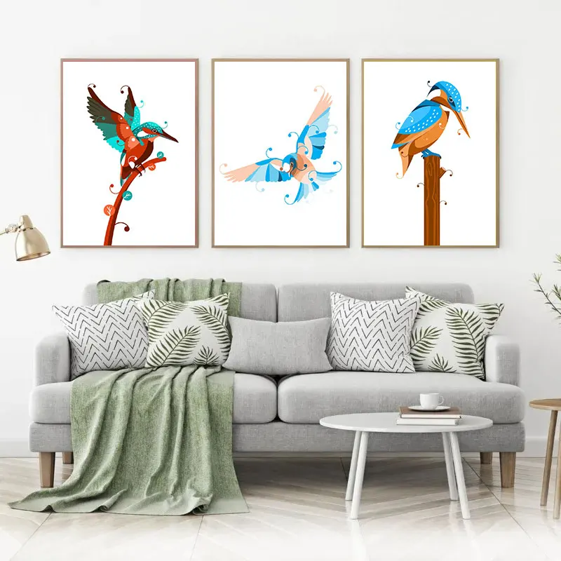 Birds Illustrations Watercolor Flying Searching Food Sparrow Woodpecker Posters Canvas Painting Wall Art Picture Room Home Decor