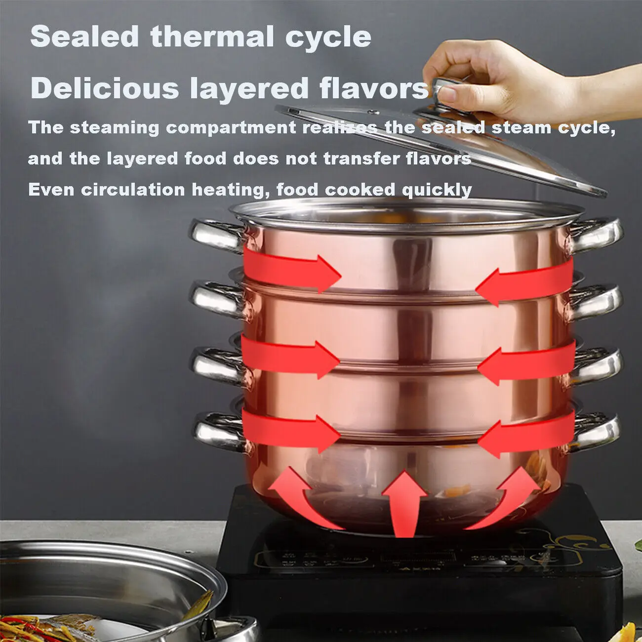 Samger 304 in acciaio inox 5 livelli fornello a vapore pentola a vapore cucina cibo cottura + coperchio in vetro
