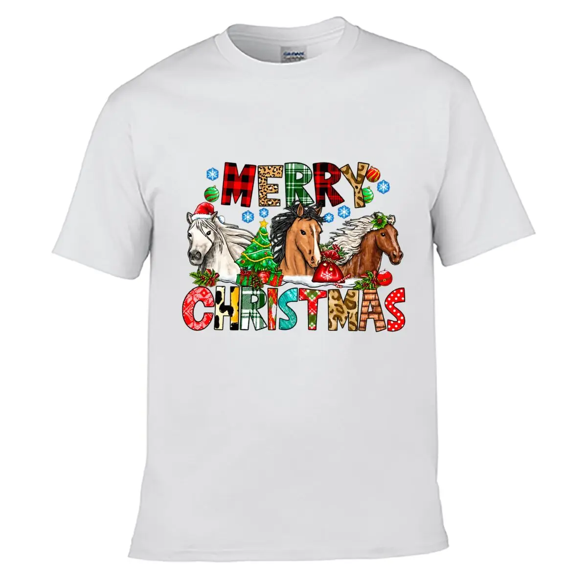 Merry Christmas Three Horses Christmas Tree Gifts Snowflakes Loose T-shirt Casual Tee
