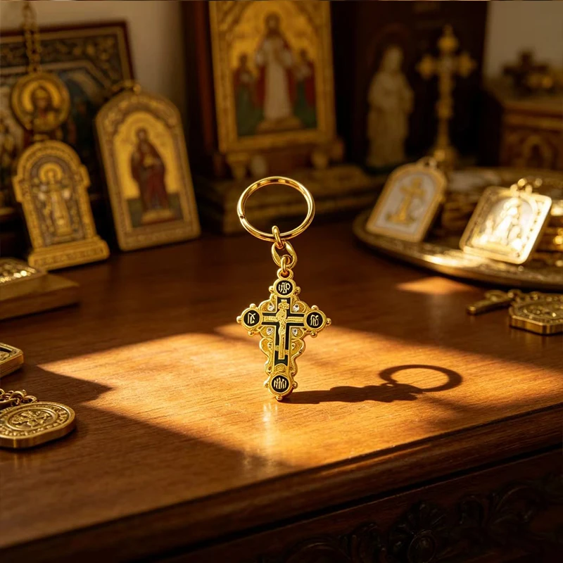 Vintage Gold Plated Orthodox Crucifix Cross Keychain with Rhinestones for Catholic Christian Prayer Religious Gift Key Ring Bag