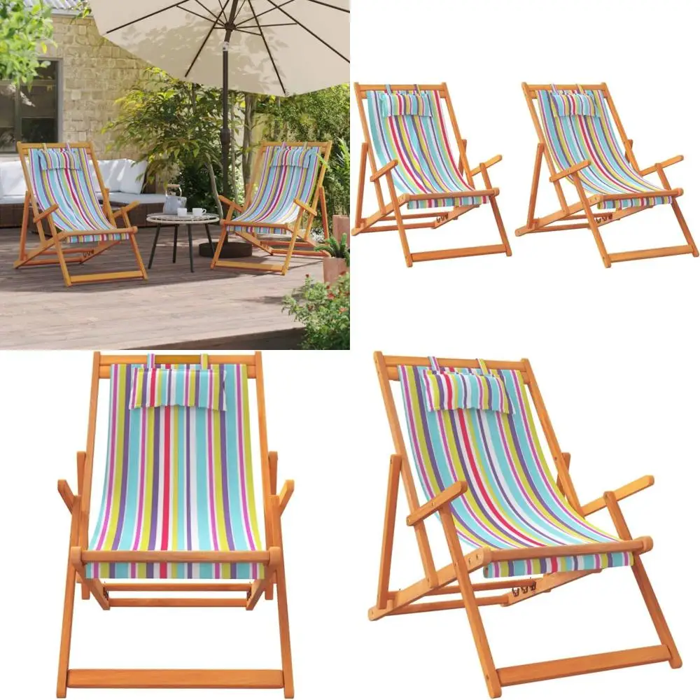 다색 폴리에스테르 접이식 해변 의자 2개 세트, 유칼립투스 목재 프레임, 조절 가능한 등받이 야외 파티오 좌석 라운지