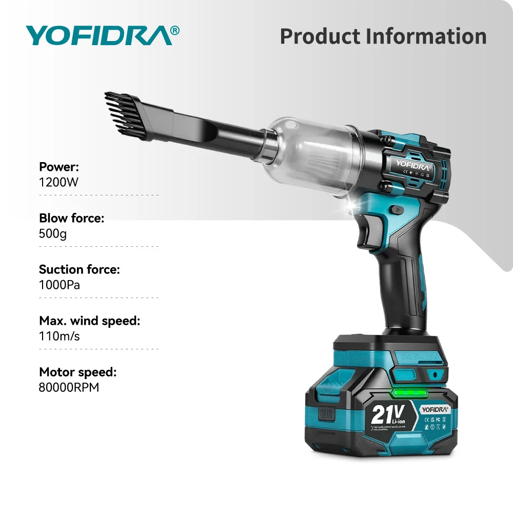 YOFIDRA 2-in-1 Bürstenloser Turbo-Gebläseventilator & Staubsauger 80000RPM Handgehaltenes Staubblasgerät für Makita 21V Akku – Detail 3