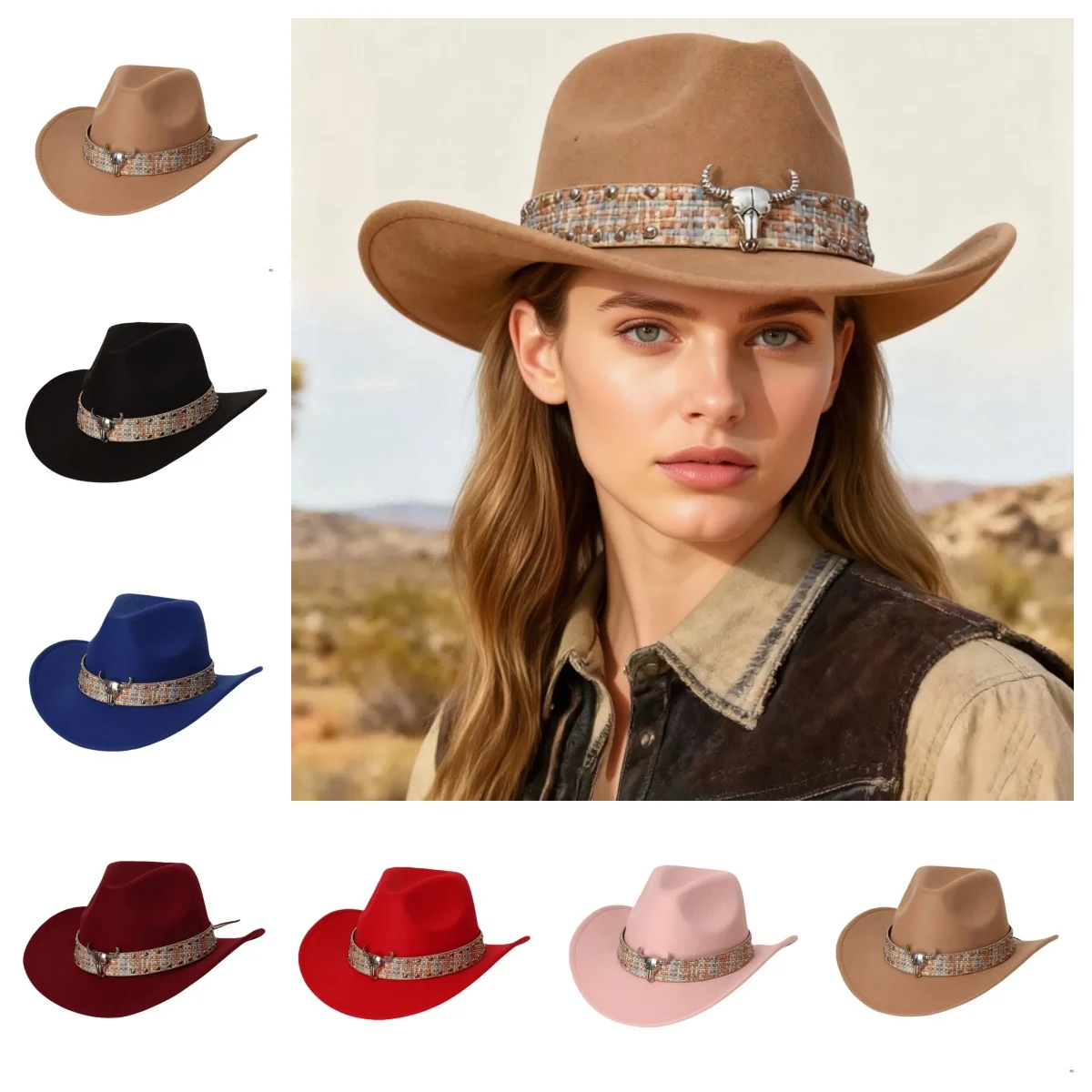 

Женская ковбойская шляпа в этническом стиле с широкими полями, уличная Федора, простой церковный цилиндр-дерби, панама, сплошной цвет, мужская