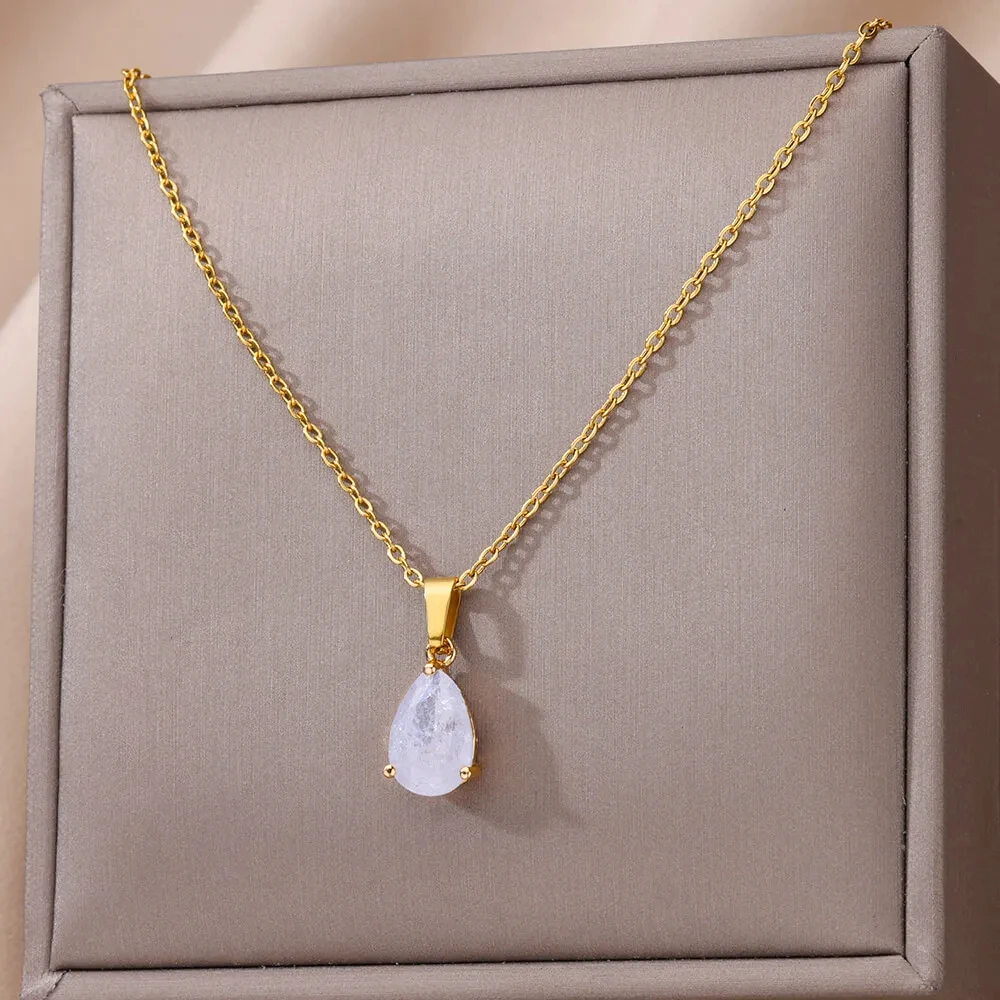 Zircon Teardrop WaterDrop Necklaces For Women Gold Color Stainless Steel Necklace Luxury Jewelry Wedding Christmas Gift Femme