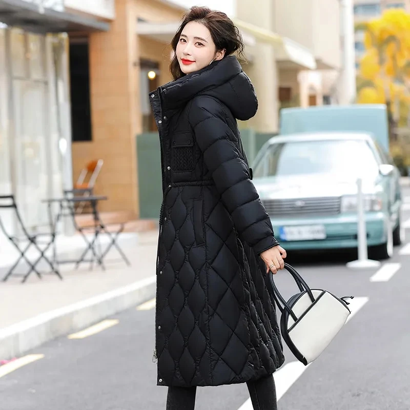 Long Down Cotton Coat 2024 New Winter Women Jacket Chic Diamond Cotton-Padded Jacket Female Padded Puffer Parkas Hooded Overcoat