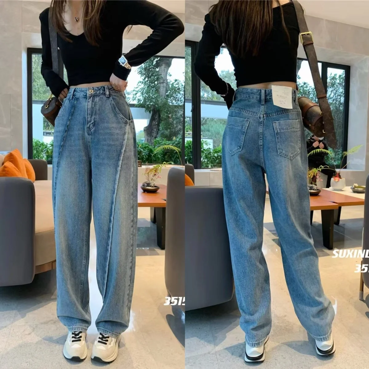 

Женские джинсы с высокой талией, свободного кроя, прямые, из денима, весна-лето, новинка, с дизайнерским акцентом на бедрах, широкие брюки-клеш
