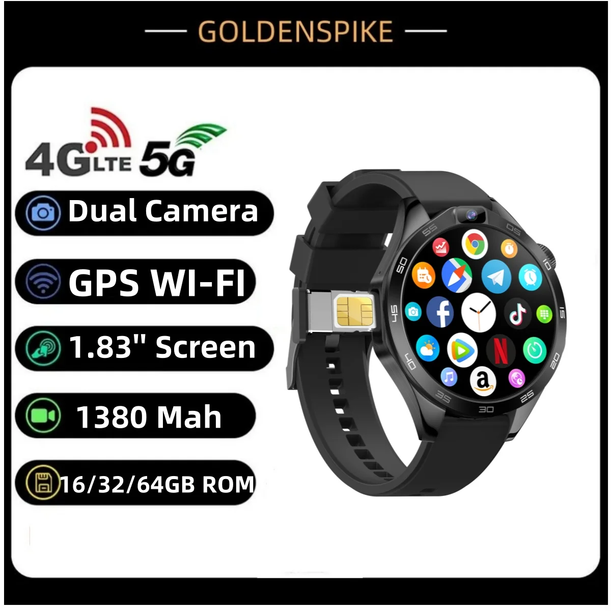 New 4G Network Smart Watch SIM Card 1.83 inch TFT 200W Dual Camera GPS Wifi Google Play Store Android Smartwatch for Men Women