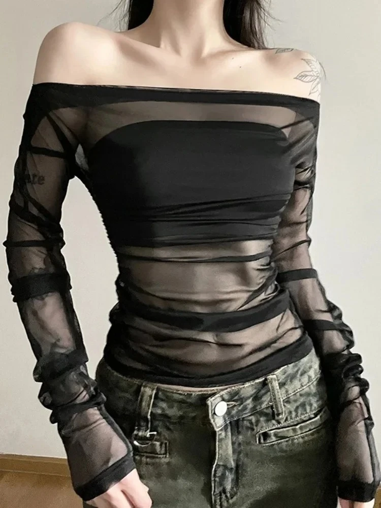 تي شيرت شبكي شفاف ملابس نسائية مكشوفة الأكتاف Y2k بلوزة قصيرة بأكمام طويلة ملابس خروج متينة Camisetas كورية Ropa De Mujer #3