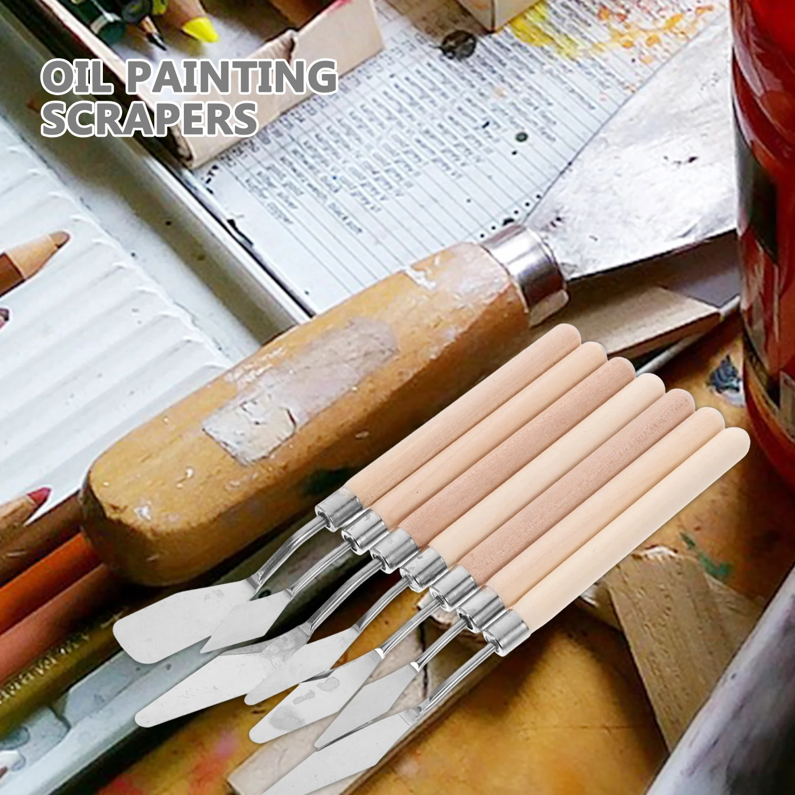 

7Pcs Oil Painting Scraper Set Stainless Steel Palette Knives Wooden Handle Color Mixing Tools for Canvas Painting