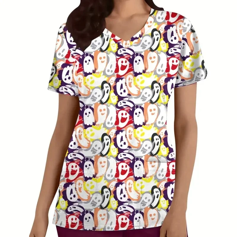 Halloween print nurse short sleeve shirtTWomen's T-shirtVCasual medical workwear with tie pocket available
