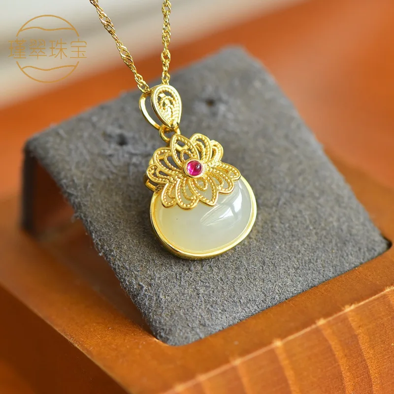 Natural White Jade Pendant S925 Silver Inlaid With Hetian Jade, Irregular Money Bag Shape, New Model Men And Women