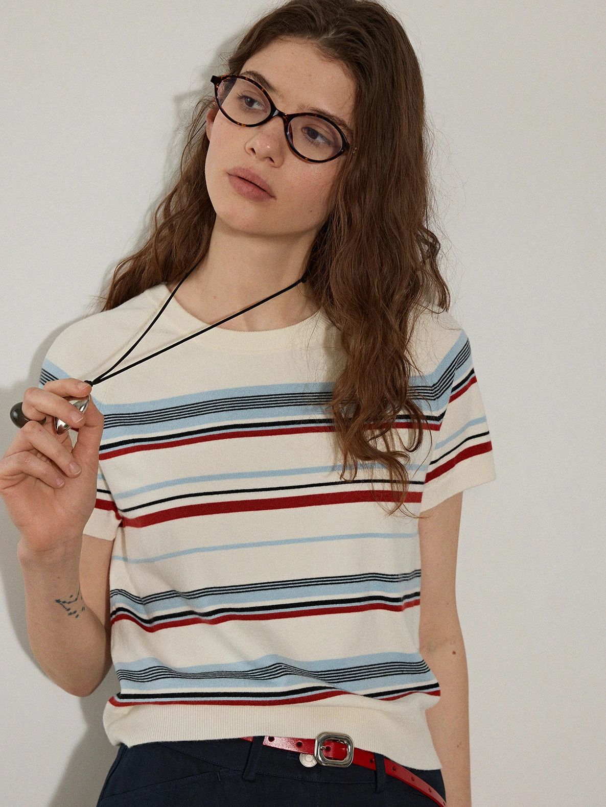 Fashionable Retro Color Block Stripe Ice Silk Knitted Short Sleeve T-Shirt Women's Summer Casual Slimming Top Shoulder Width