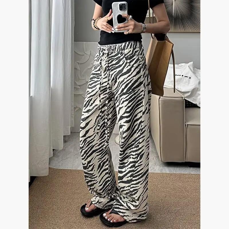 Zebra Pattern Women Jeans Vintage Straight Baggy Denim Pants Streetwear Y2K American Style Fashion Wide Leg Denim Trouser