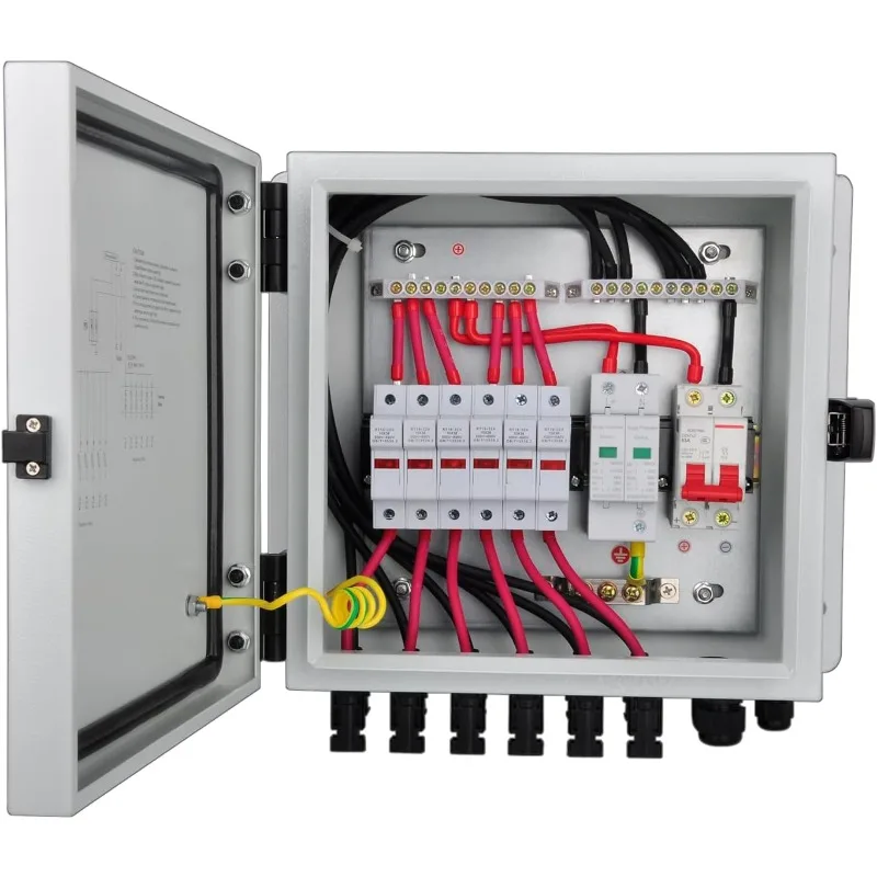 

PV Combiner Box, 6 String Solar Combiner Box with 15A Rated Current Fuse, Surge Protective Device and 63A Air Circuit Breaker