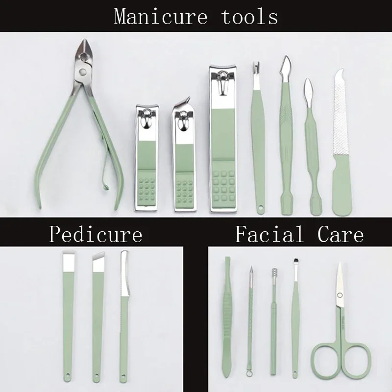 16 pièces/ensemble coupe-ongles ensemble avec sac pliant universel soins du visage Kits de manucure outils de pédicure vert bleu