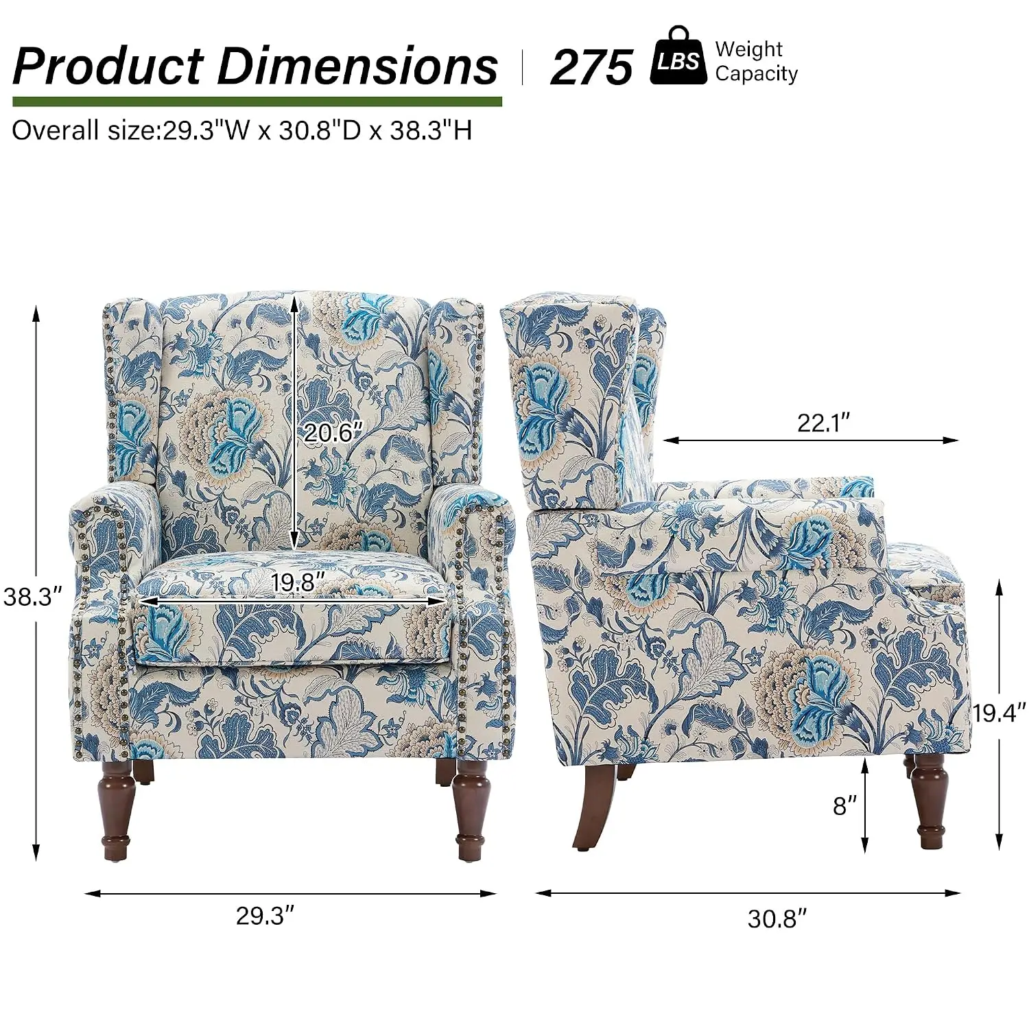 Boho Wingback Accent Chair Wood Legs Nailhead Trim, High Back Armchair for Living Room Bedroom, Set of 2, Customized