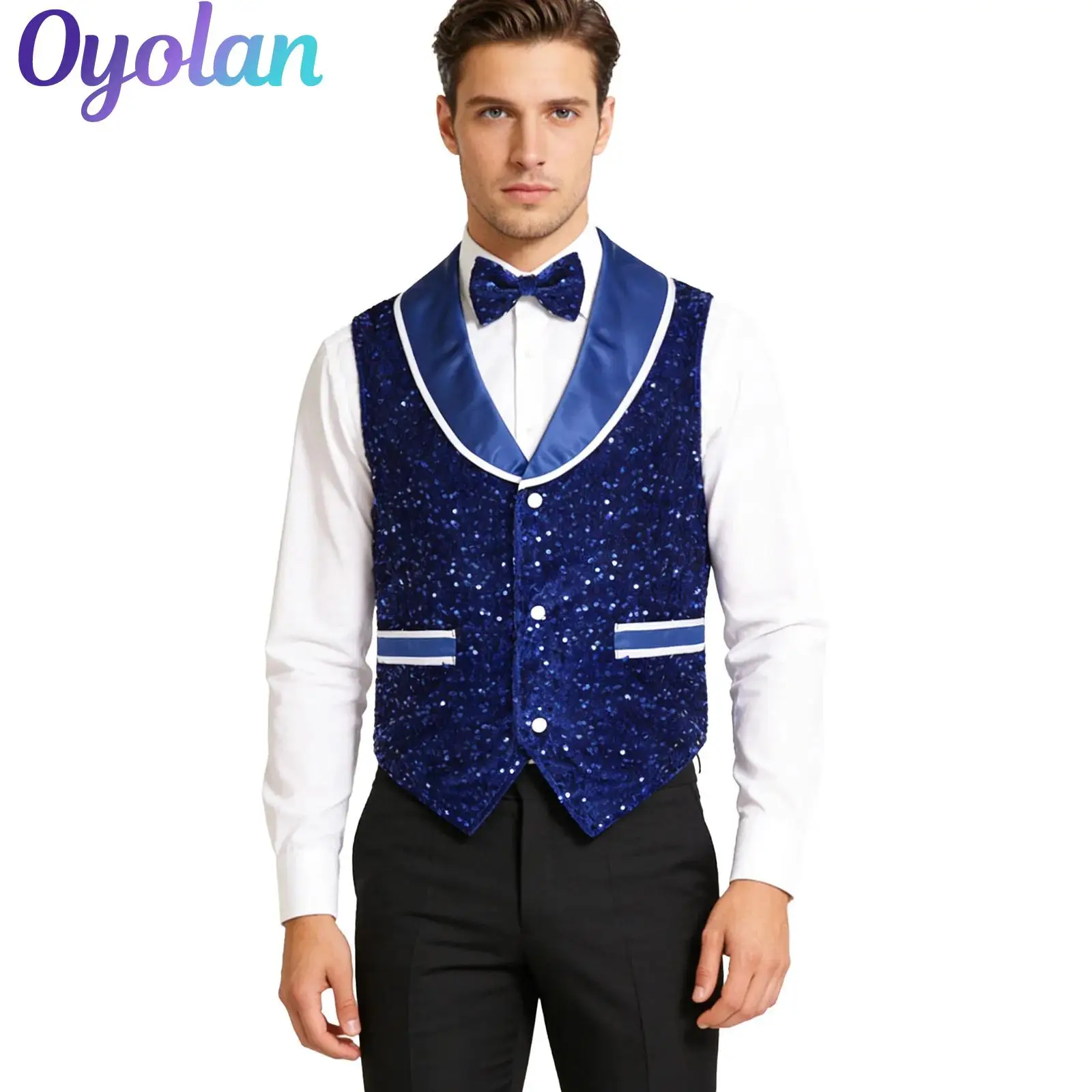 

Mens Hip Hop Jazz Dance Performance Costume Glittery Waistcoat with Bow Tie Lapel Pointed Hem Sequined Velvet Vest Tank Top