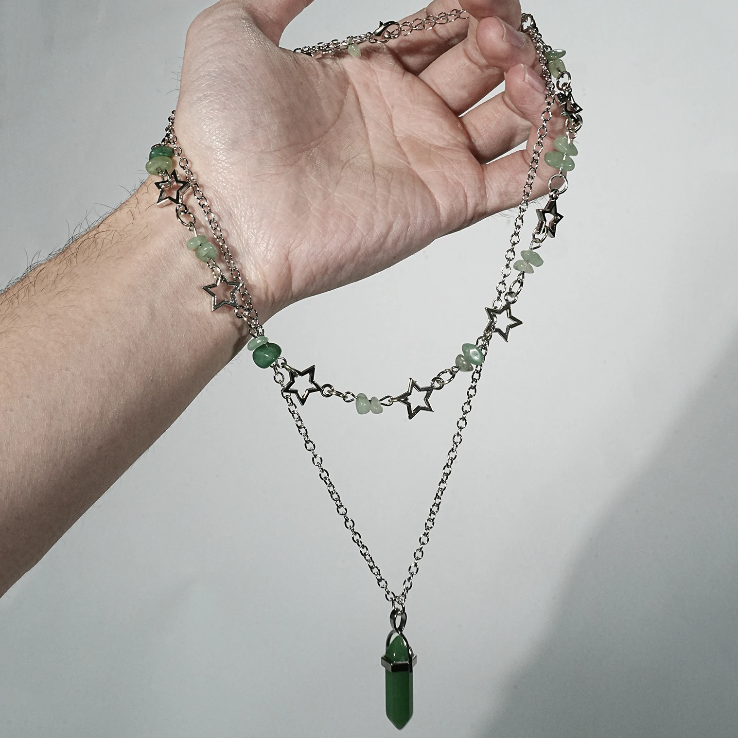 2-Piece Hexagonal Pyramid Green Dongling Stone Pendant Necklace Set, Can Bring Lucky Gifts, Jewelry Gifts for Loved Ones