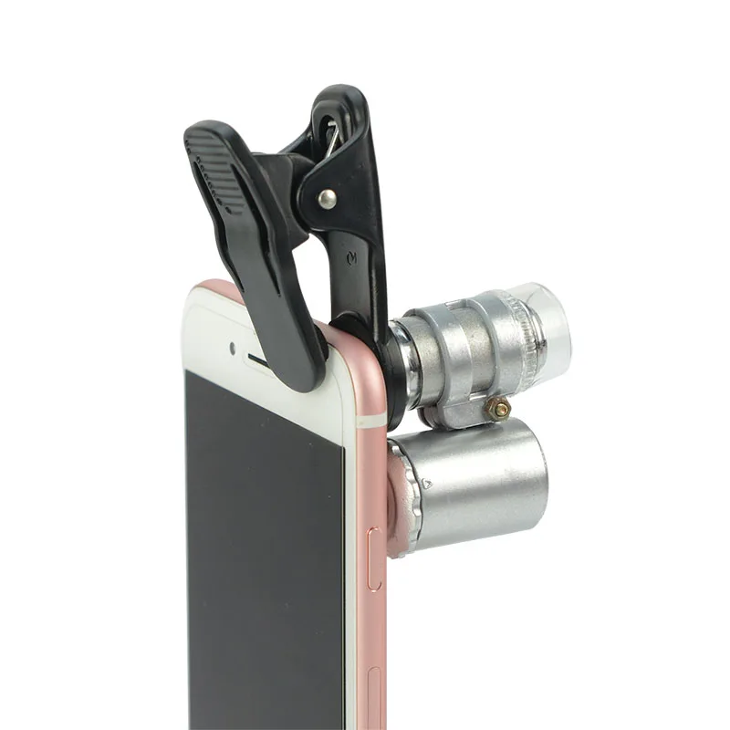 Microscópio Celular com Clip Universal, Lupa, LED Iluminado Lupa, 60x, 2 LED e 1 UV
