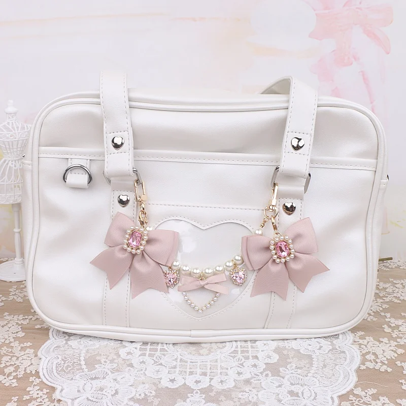 Handmade Japanese Sweet Lady Beaded Pearl Bow Rhinestone Love Pendant Bag Accessories Girls Fashion Bag Charms